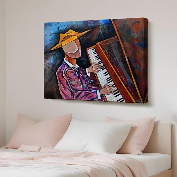 Faceless Pianist with Yellow Hat Colorful Abstract Music Art Poster