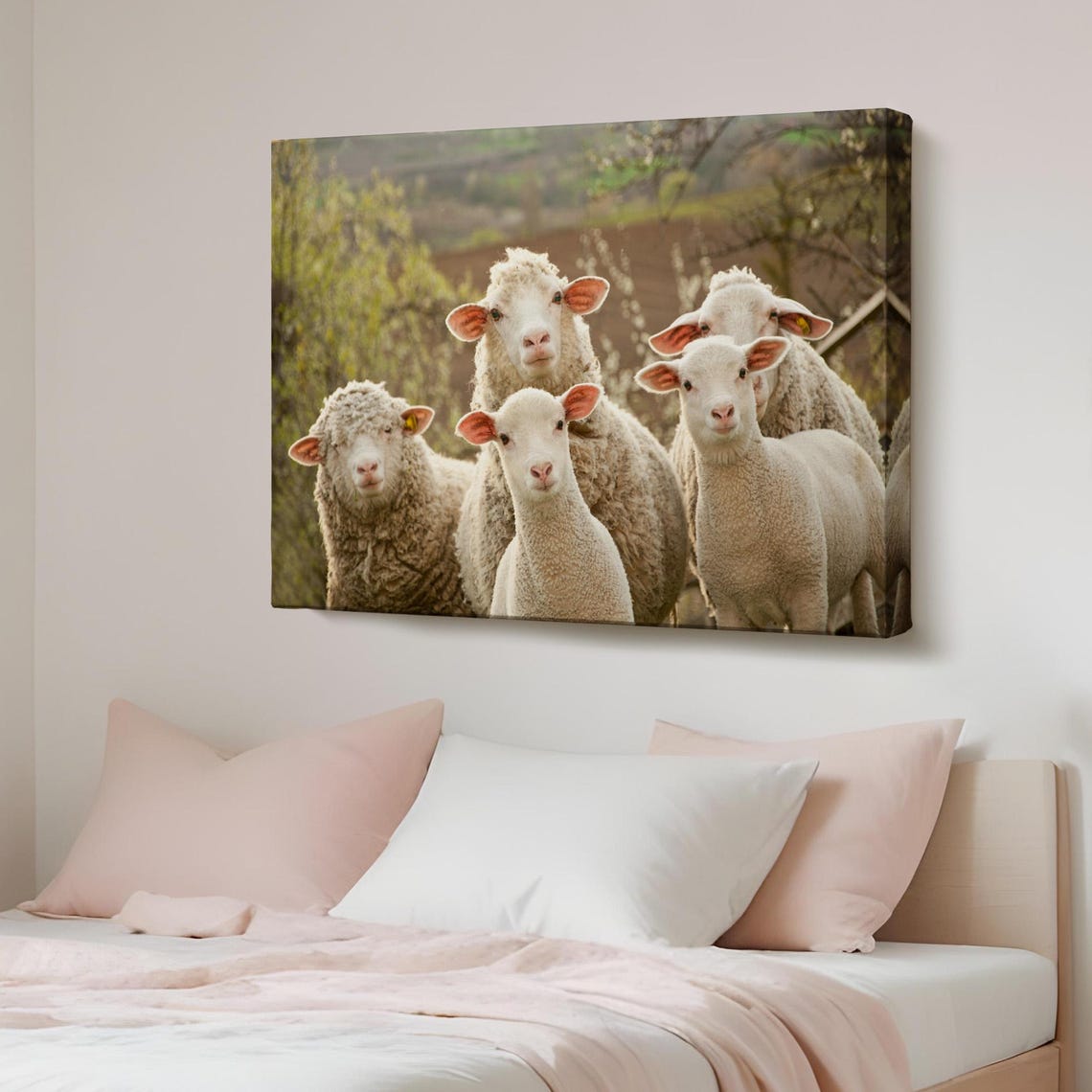 Five Curious Sheep and Lambs Staring at Camera Farm Animal Poster