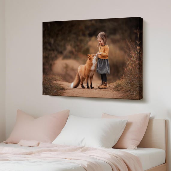 Little Girl And Fox Decorative Canvas Painting Framed Wall Art Animal Modern Decor Large