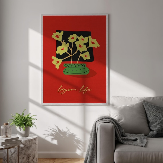 Lagom Life Scandinavian Floral Green Pot Red Retro Home Wall Art