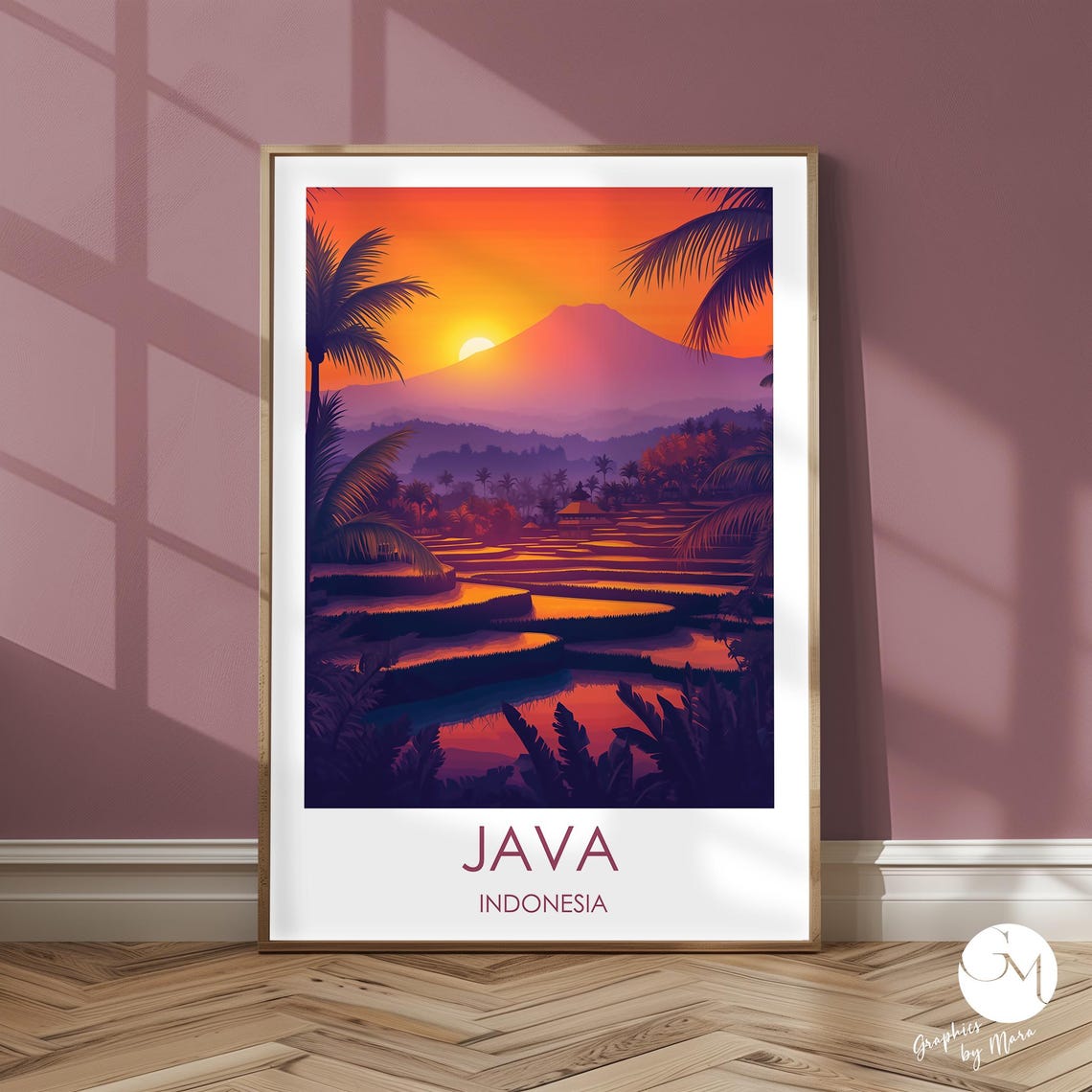 Java Indonesia Rice Terraces Coral Sunset Volcano Travel Poster
