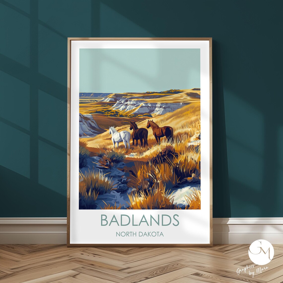Badlands North Dakota Wild Horses on Prairie Minimalist Travel Poster