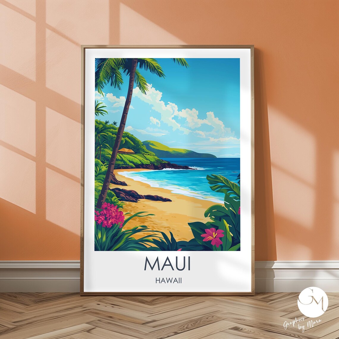 Maui Hawaii Tropical Beach With Palm Trees Island Travel Poster