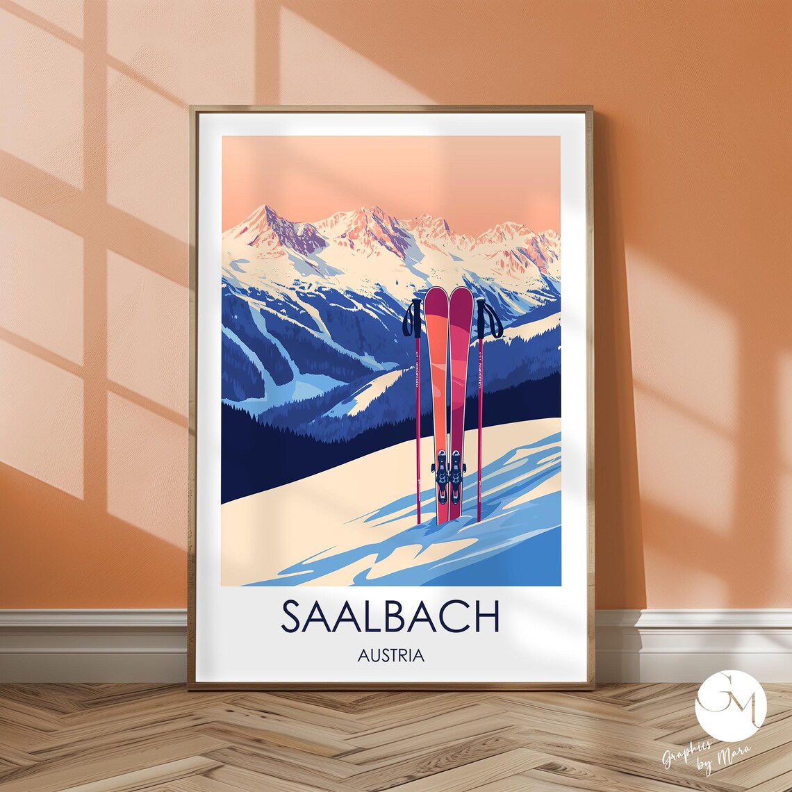 Saalbach Austria Red Skis Snowy Peak Ski Resort Travel Poster