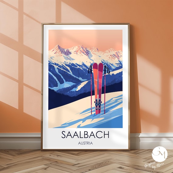 Saalbach Austria Red Skis Snowy Peak Ski Resort Travel Poster