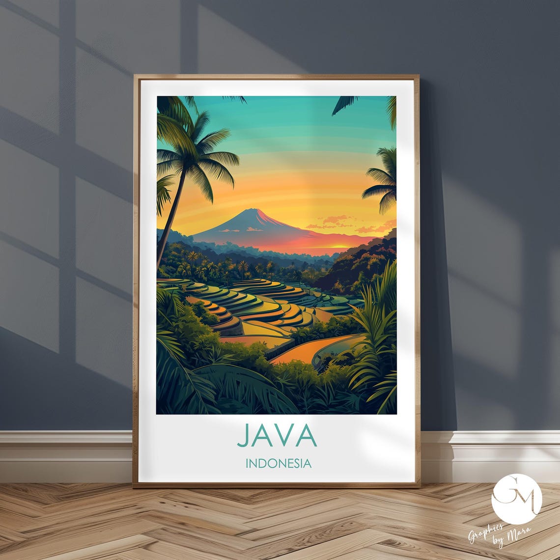 Java Indonesia Emerald Rice Terraces Volcano Sunset Travel Poster