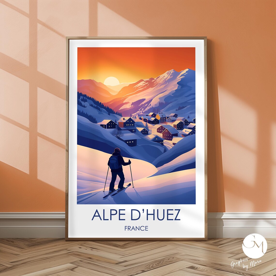 Alpe D'Huez France Skier At Sunset Alpine Village Travel Poster