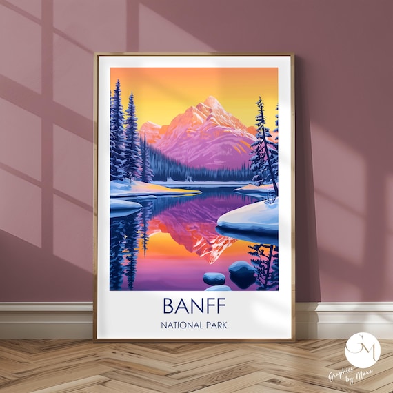 Banff Winter Sunset Alpine Lake Snowy Mountain Reflection Poster