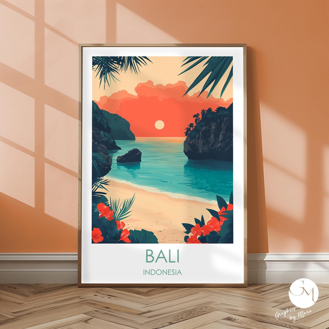 Bali Indonesia Tropical Cove Sunset Palm Cliff Travel Art Poster