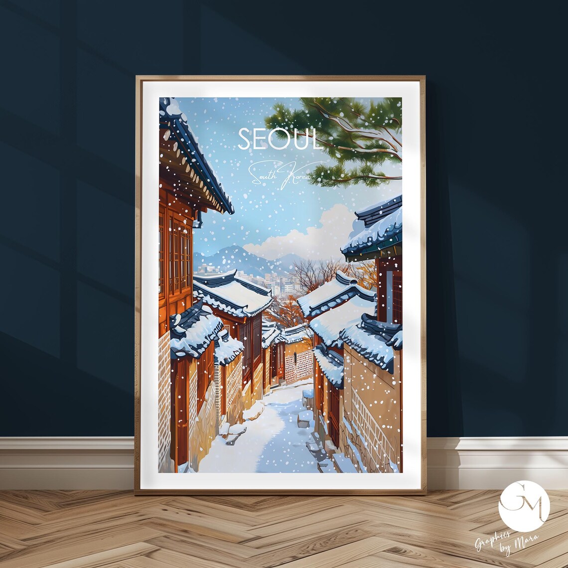 Seoul Bukchon Hanok Village Snowy Winter Alley Travel Poster Art