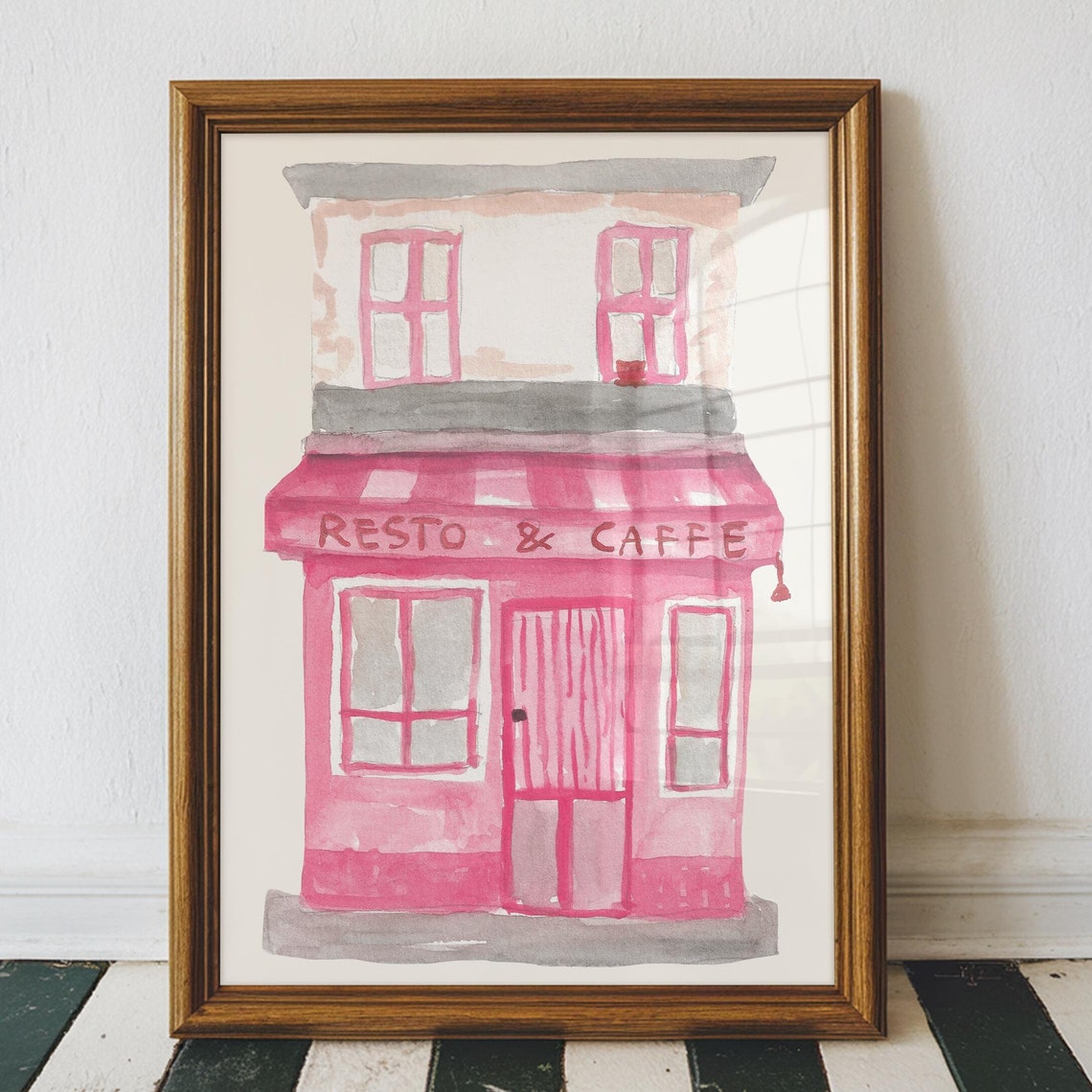 Pink Resto and Caffe Watercolor Restaurant Storefront Wall Art