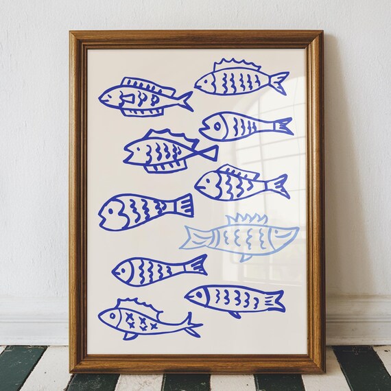 School Of Fish Blue Fish Print Nautical Wall Art Beachy Wall Art Beach House Decor Nautical Print