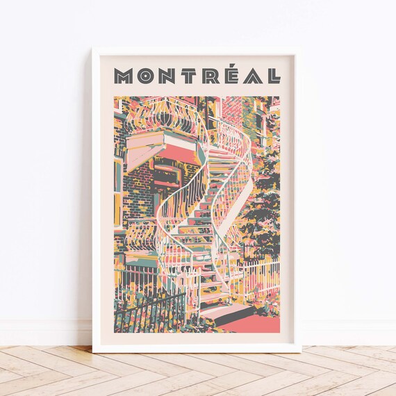 Montreal Outdoor Spiral Staircase Colorful Pop Art Travel Poster