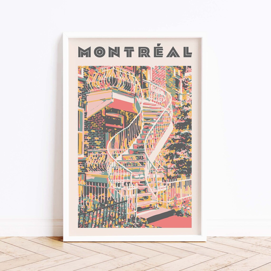 Montreal Outdoor Spiral Staircase Colorful Pop Art Travel Poster