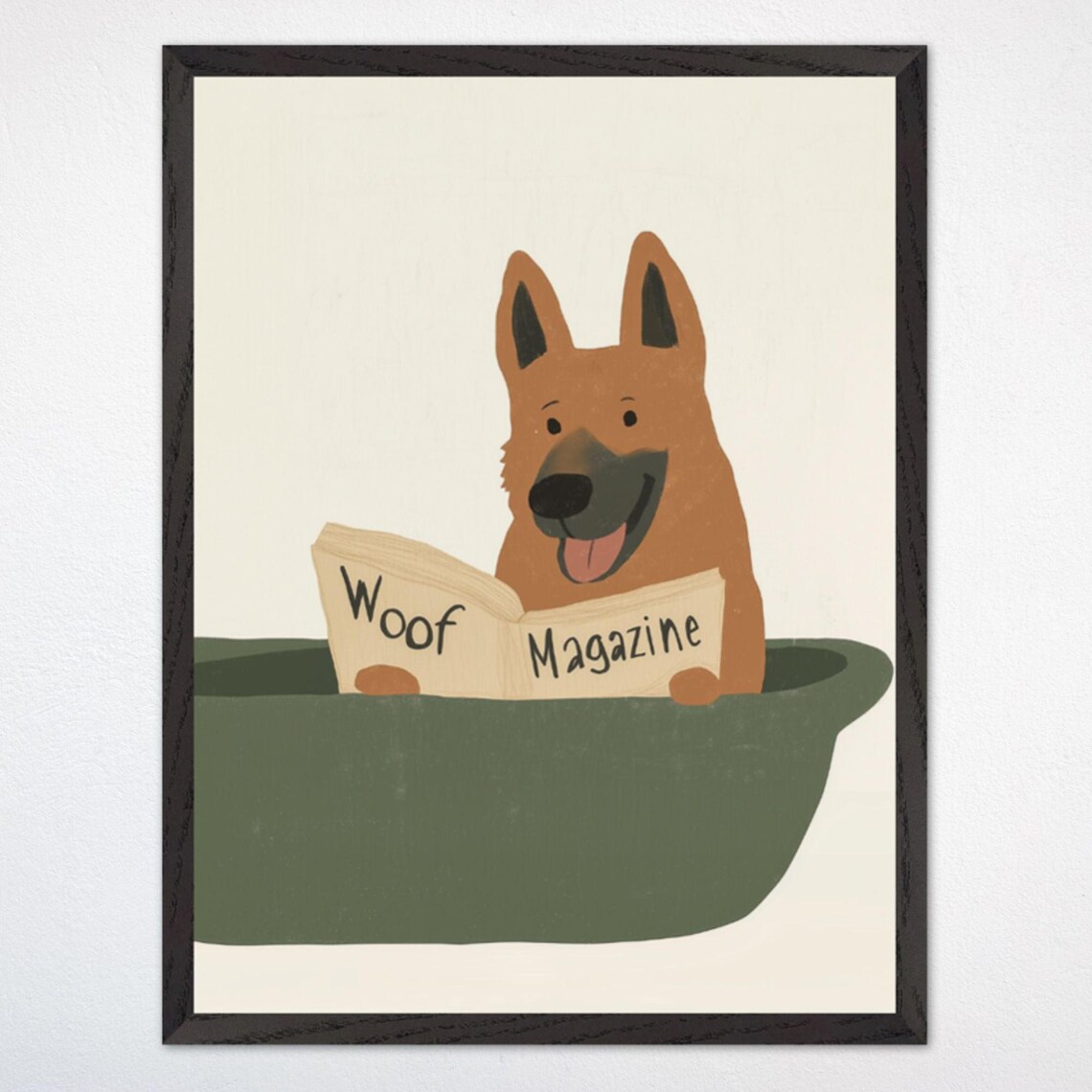 Funny Dog Reading Woof Magazine in Green Bathtub Humor Poster
