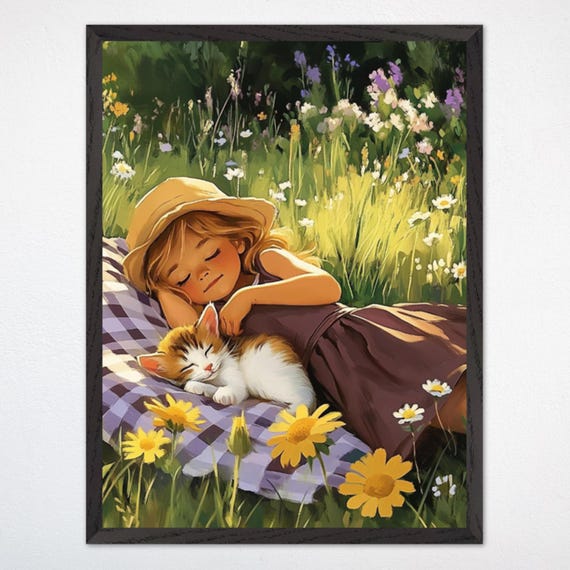 Girl And Kitten Meadow Print Rustic Farmhouse Nursery Art