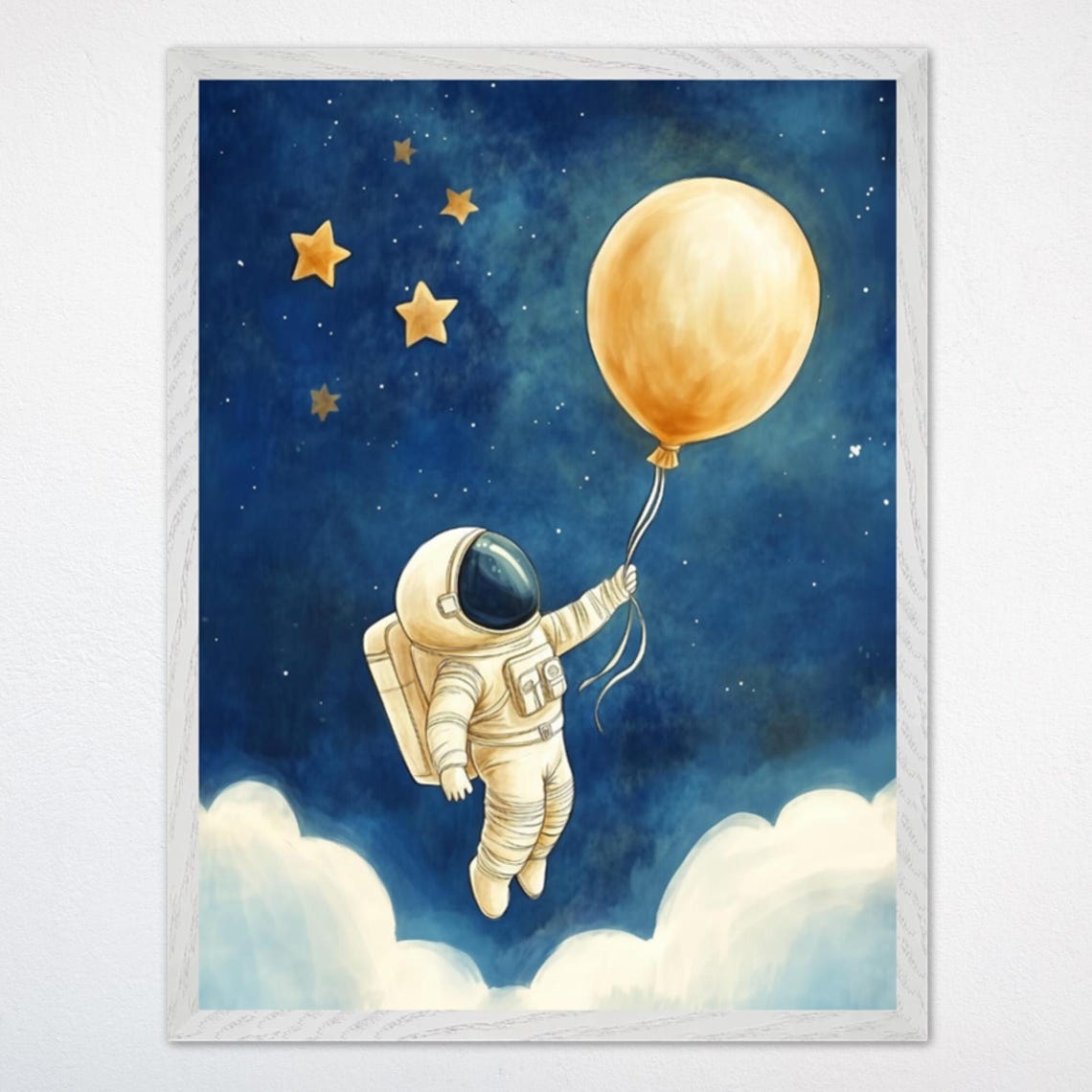 Astronaut Balloon Golden Stars Space Nursery Kids Room Art Poster