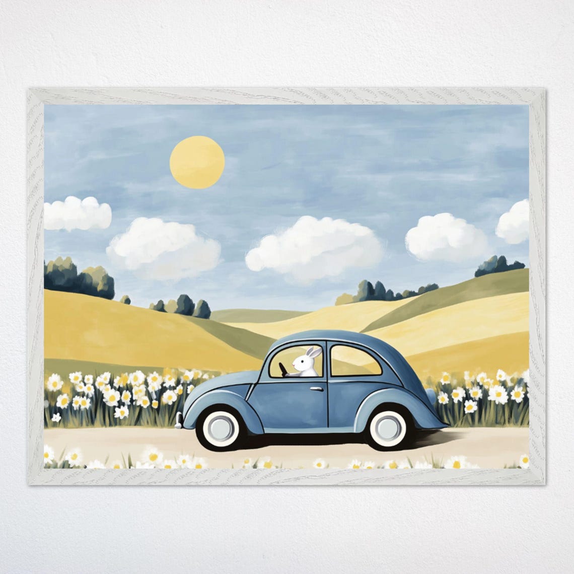 Bunny Driving Blue Beetle Car Through Daisy Fields Art Poster