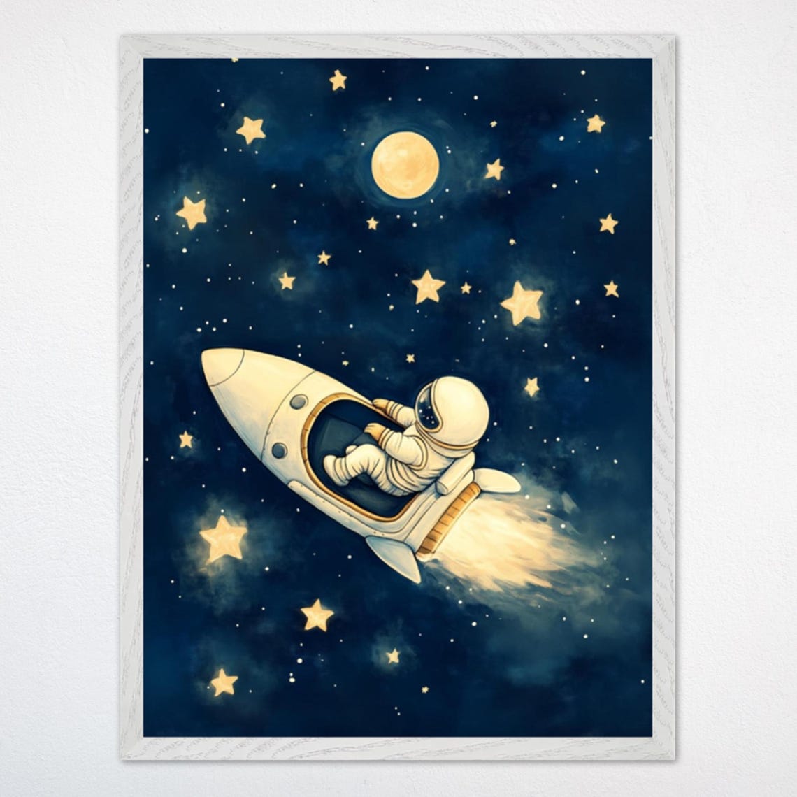 Astronaut Rocket Ship Golden Stars Moon Nursery Kids Art Poster