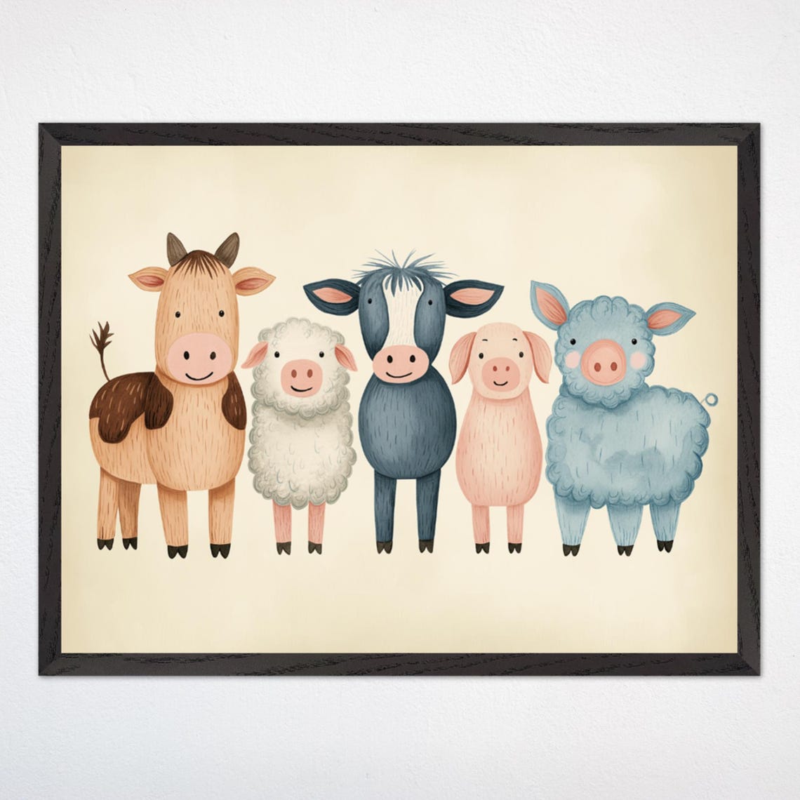 Five Cute Farm Animals Standing in a Row Kids Nursery Poster