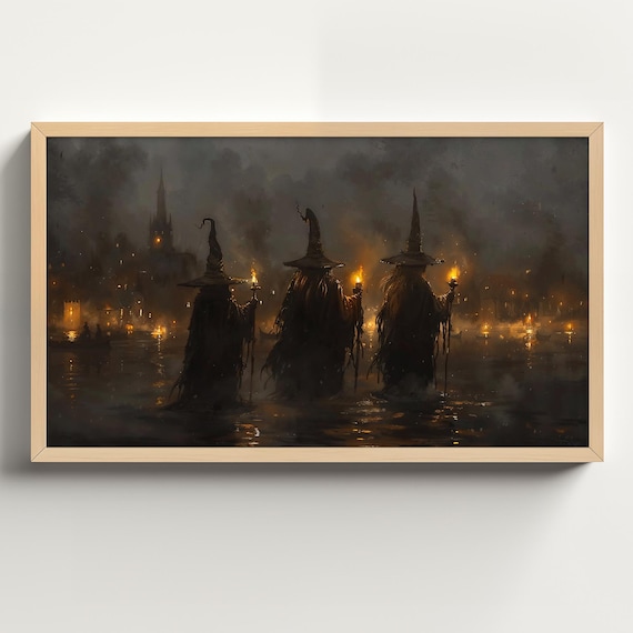 Three Witches With Lanterns Wading Through Dark Waters at Night Poster