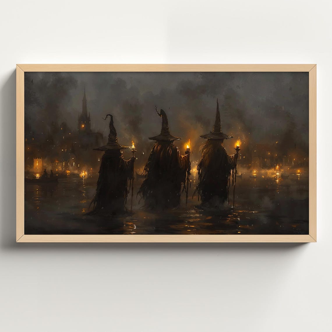 Three Witches With Lanterns Wading Through Dark Waters at Night Poster