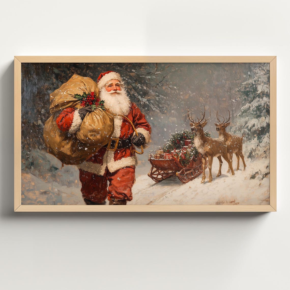Vintage Santa Carrying a Toy Sack Beside a Reindeer Sleigh Poster