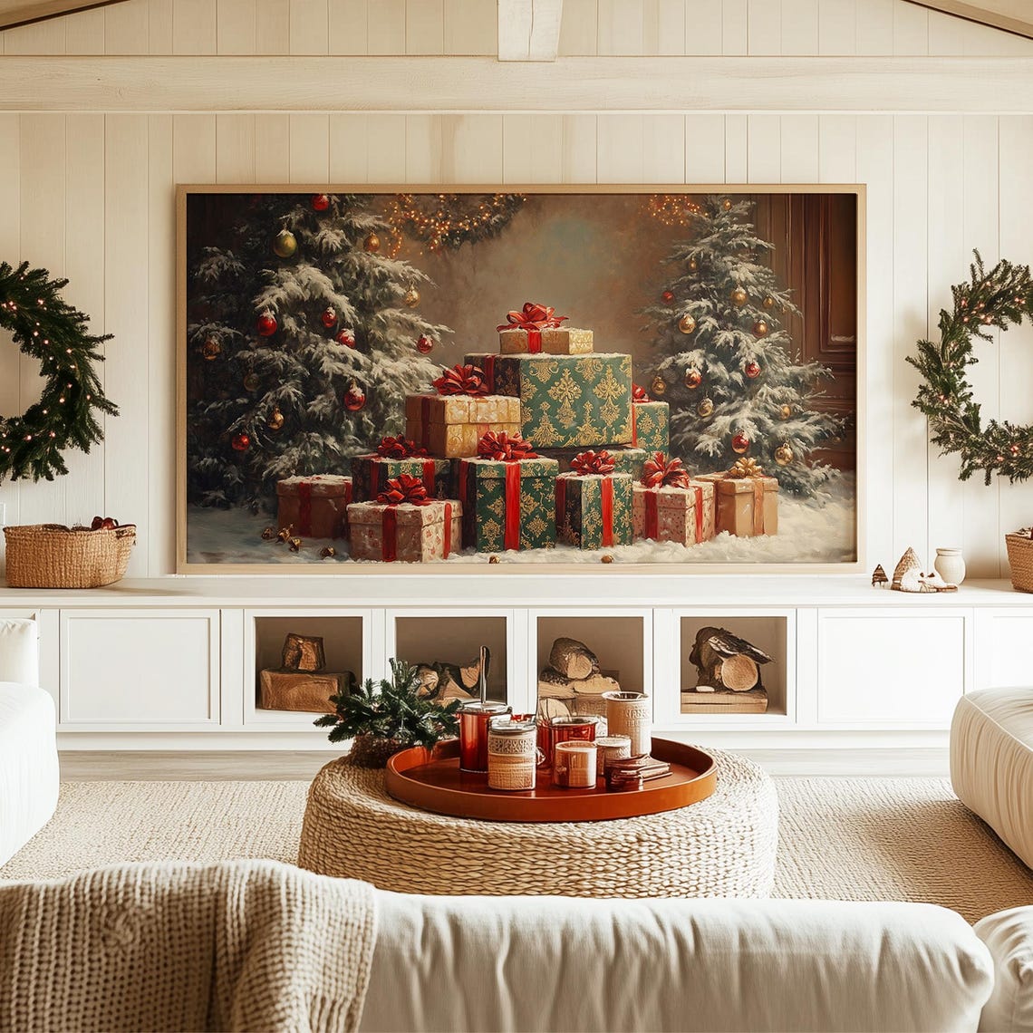 Red And Green Wrapped Christmas Presents Between Snowy Trees Poster - Image 3