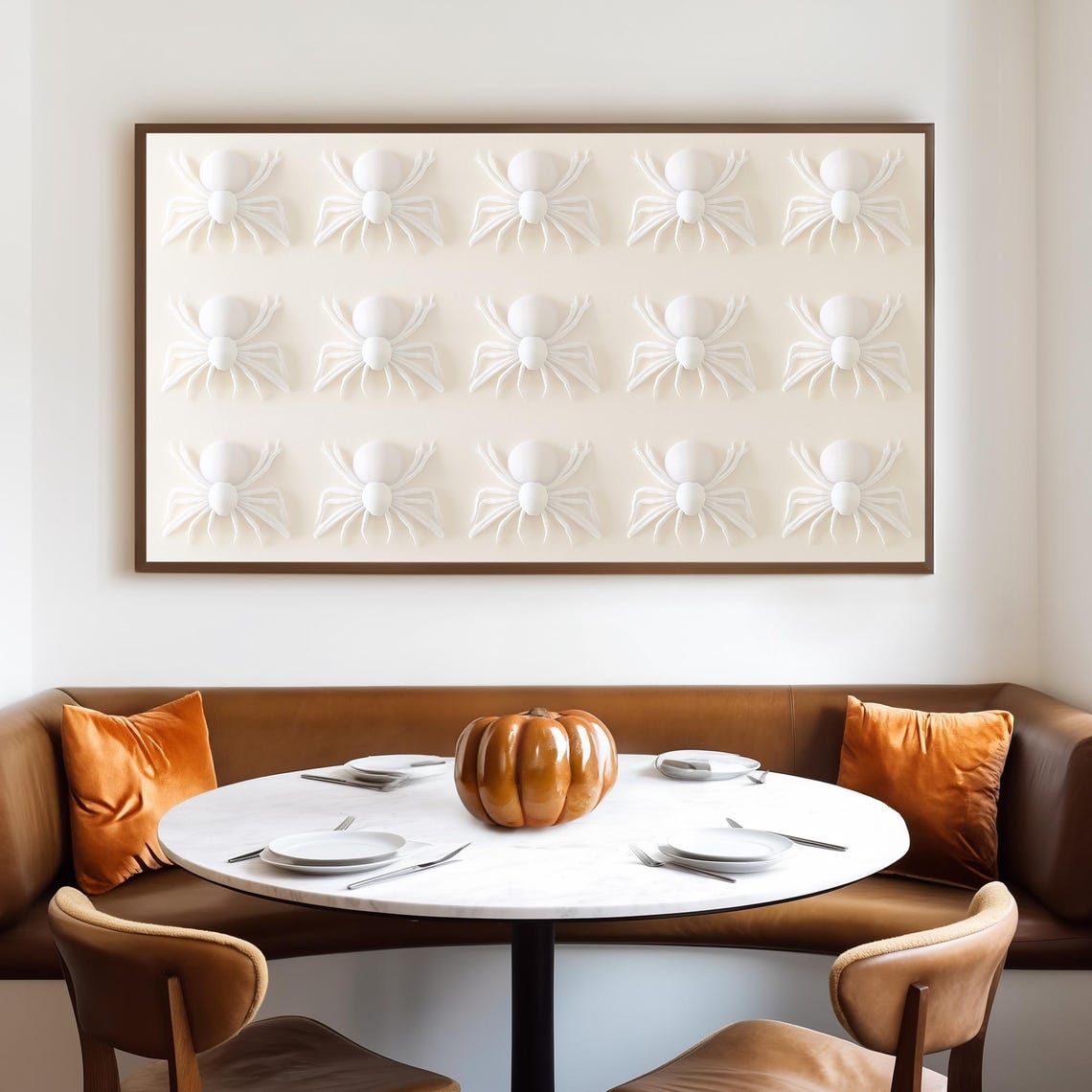 Grid of White 3D Spiders on Cream Minimalist Halloween Wall Art - Image 4