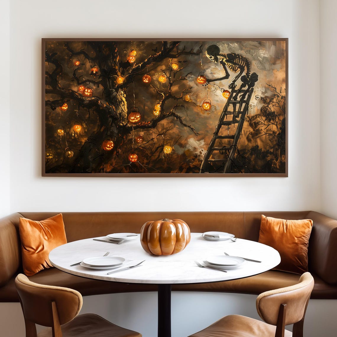 Skeleton Decorating Dead Tree With Hanging Pumpkin Lanterns Poster - Image 4