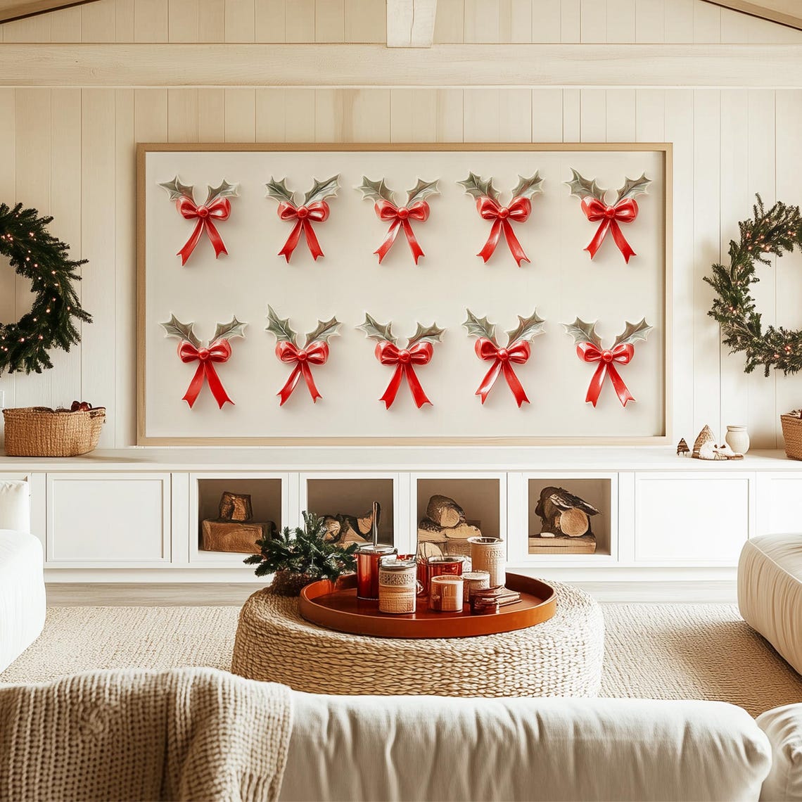 Ten Red Bows with Silver Holly on White Minimalist Christmas Wall Art - Image 3
