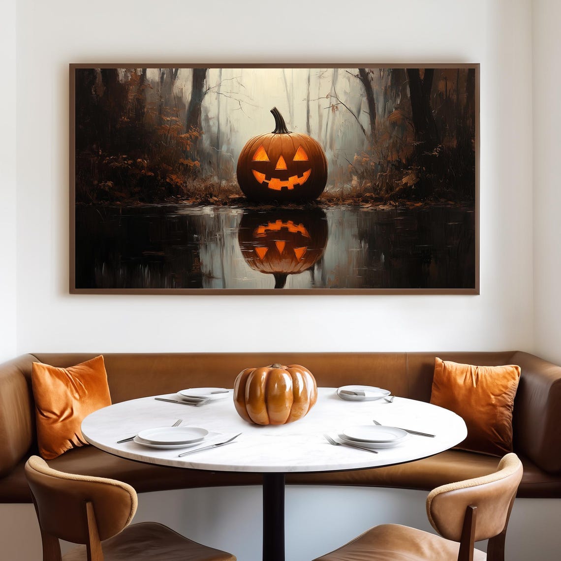 Single Jack O Lantern Reflected in Dark Still Woodland Water Poster - Image 4