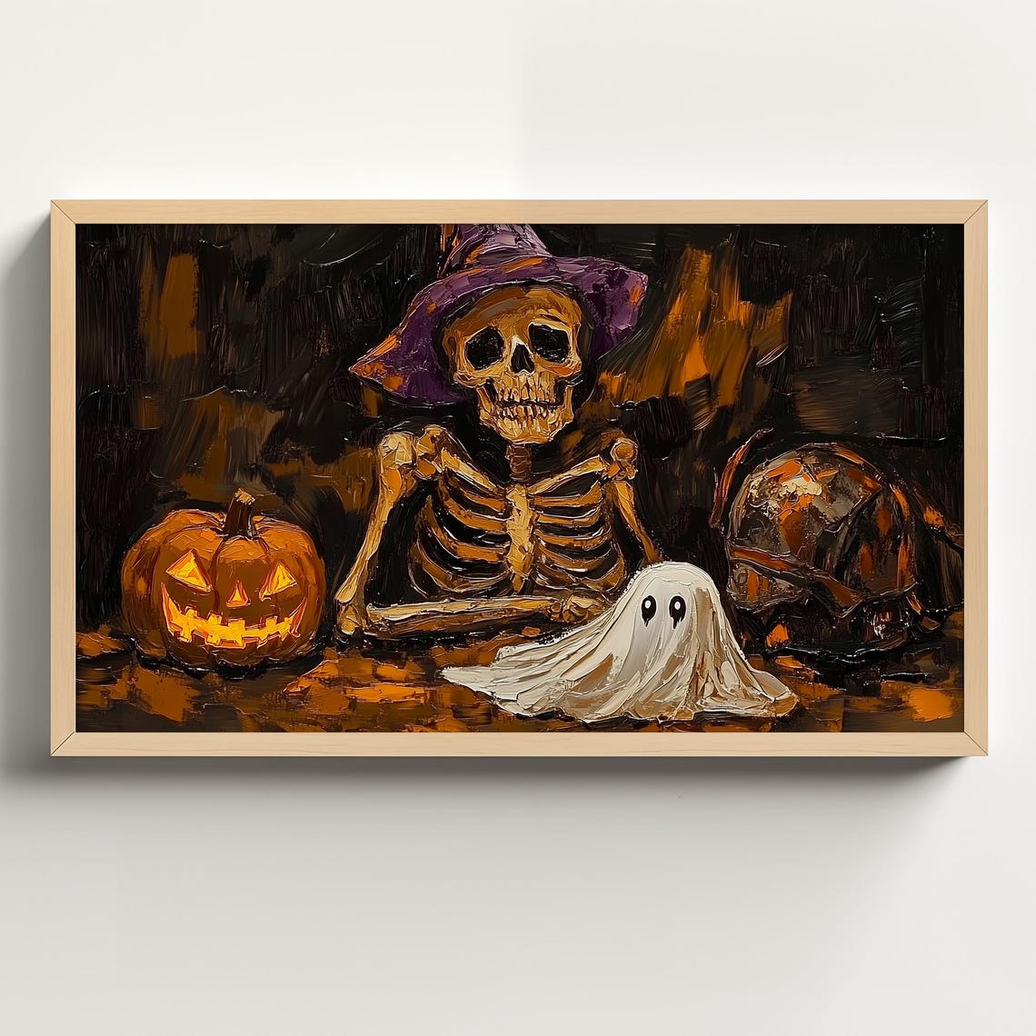 Skeleton in a Purple Witch Hat with Ghost and Pumpkin Halloween Poster