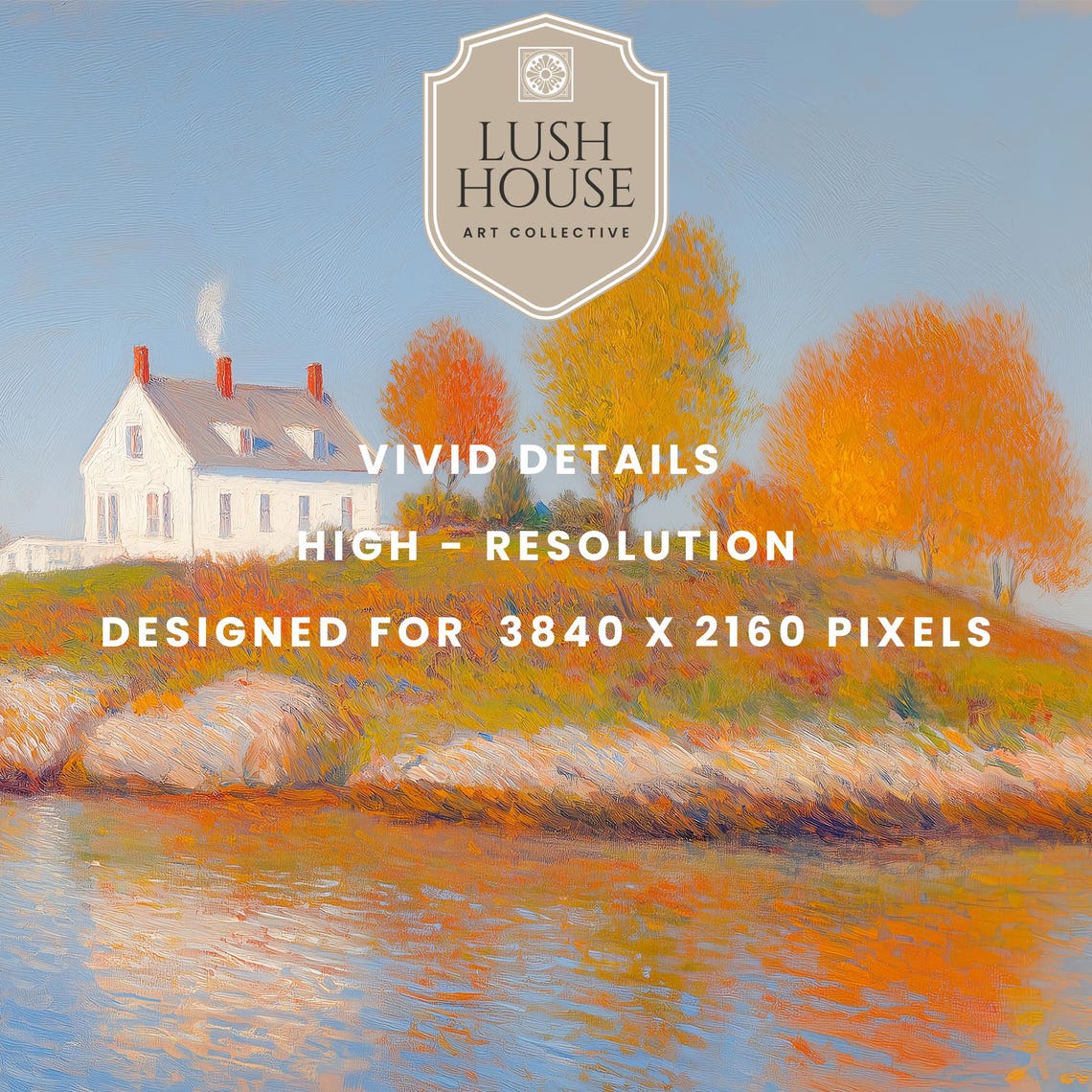 White Cottage Island Autumn Trees Sailboats Coastal Landscape Poster - Image 3
