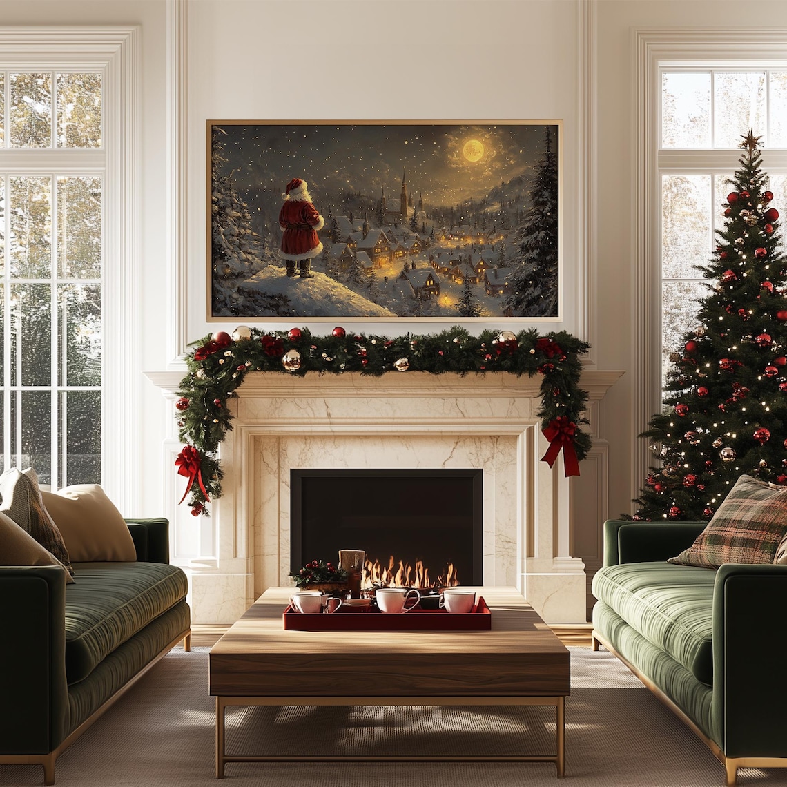 Vintage Santa Frame Art Print, Winter Village Night - Image 5