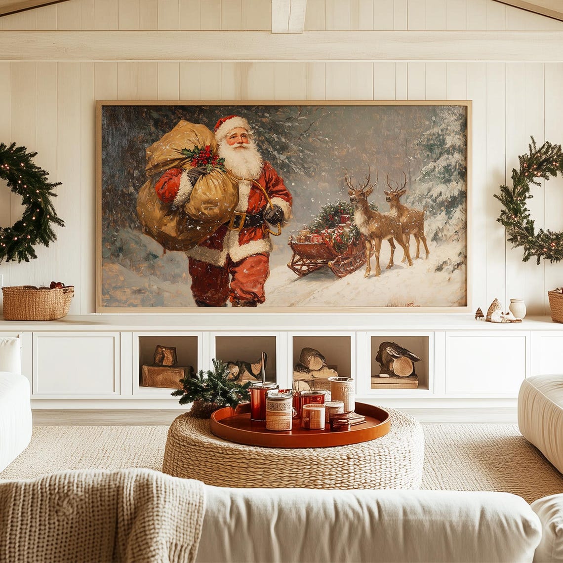 Vintage Santa Carrying a Toy Sack Beside a Reindeer Sleigh Poster - Image 3