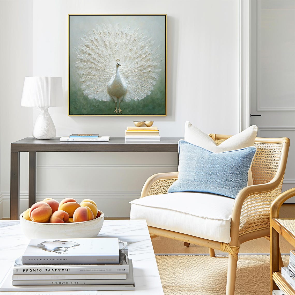 White Peacock With Fanned Tail 3D Textured Oil Painting Style Poster - Image 3