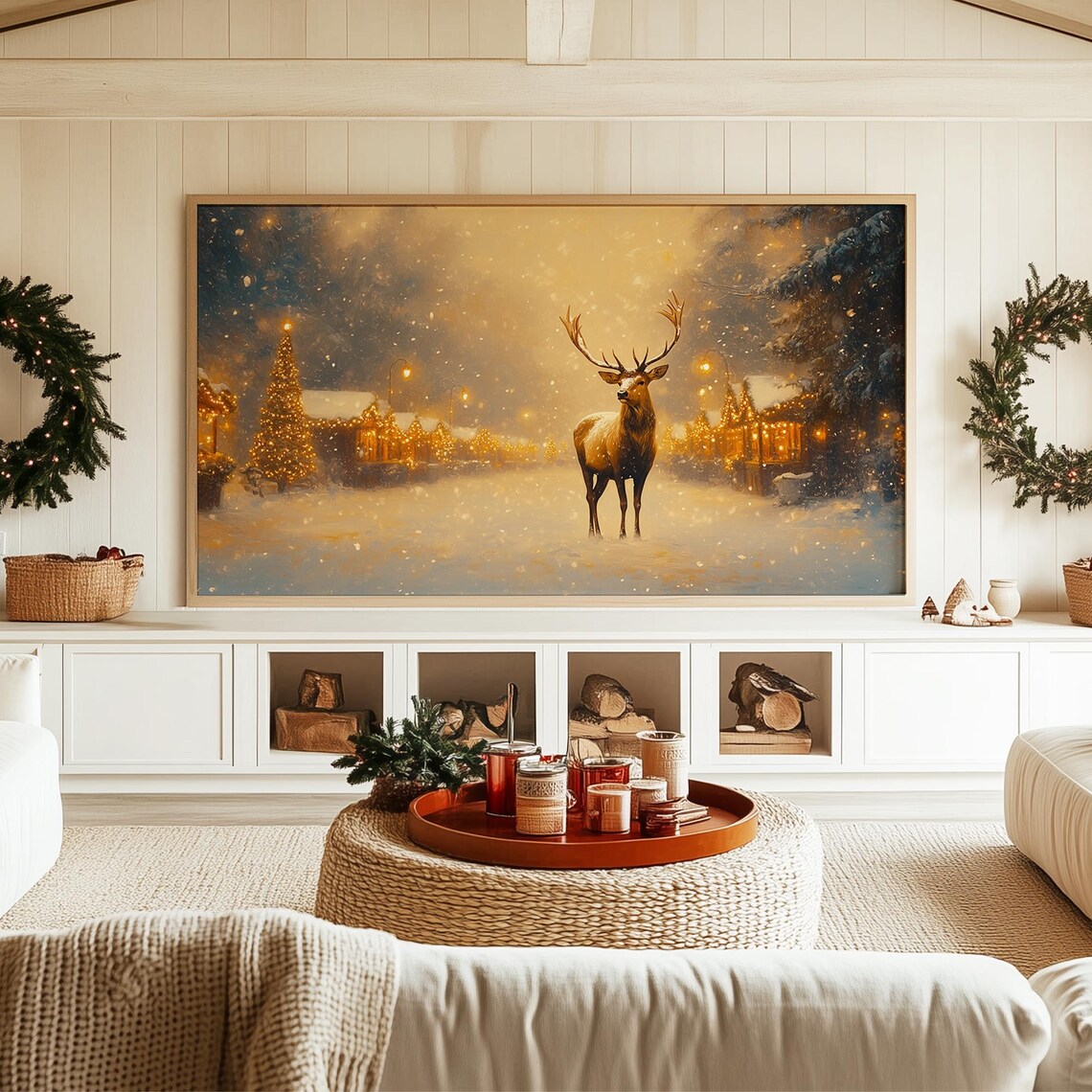 Majestic Stag In Snowy Christmas Market Street Vintage Art Poster - Image 3