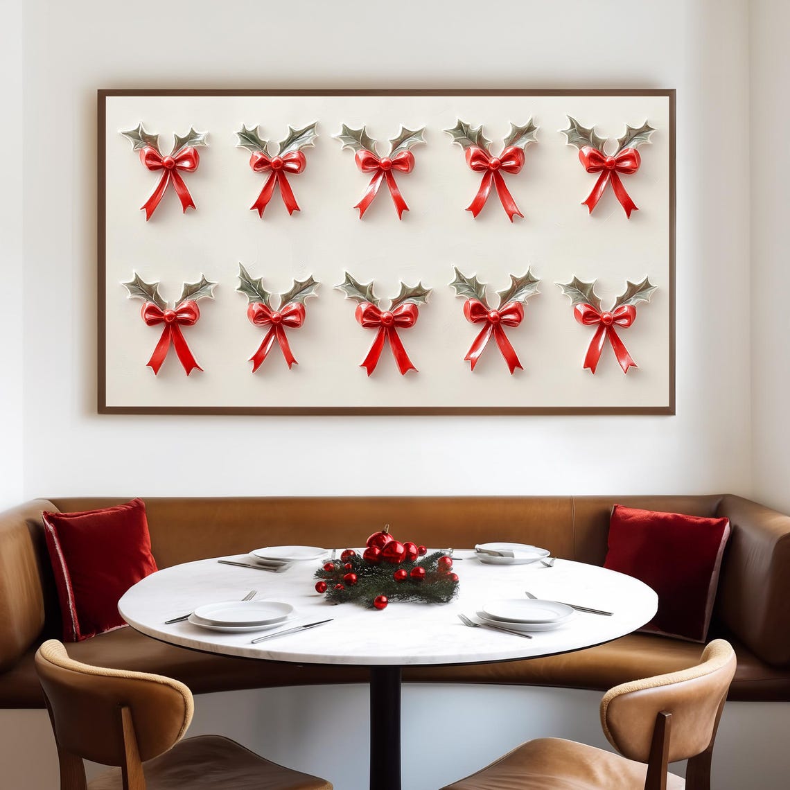 Ten Red Bows with Silver Holly on White Minimalist Christmas Wall Art - Image 4