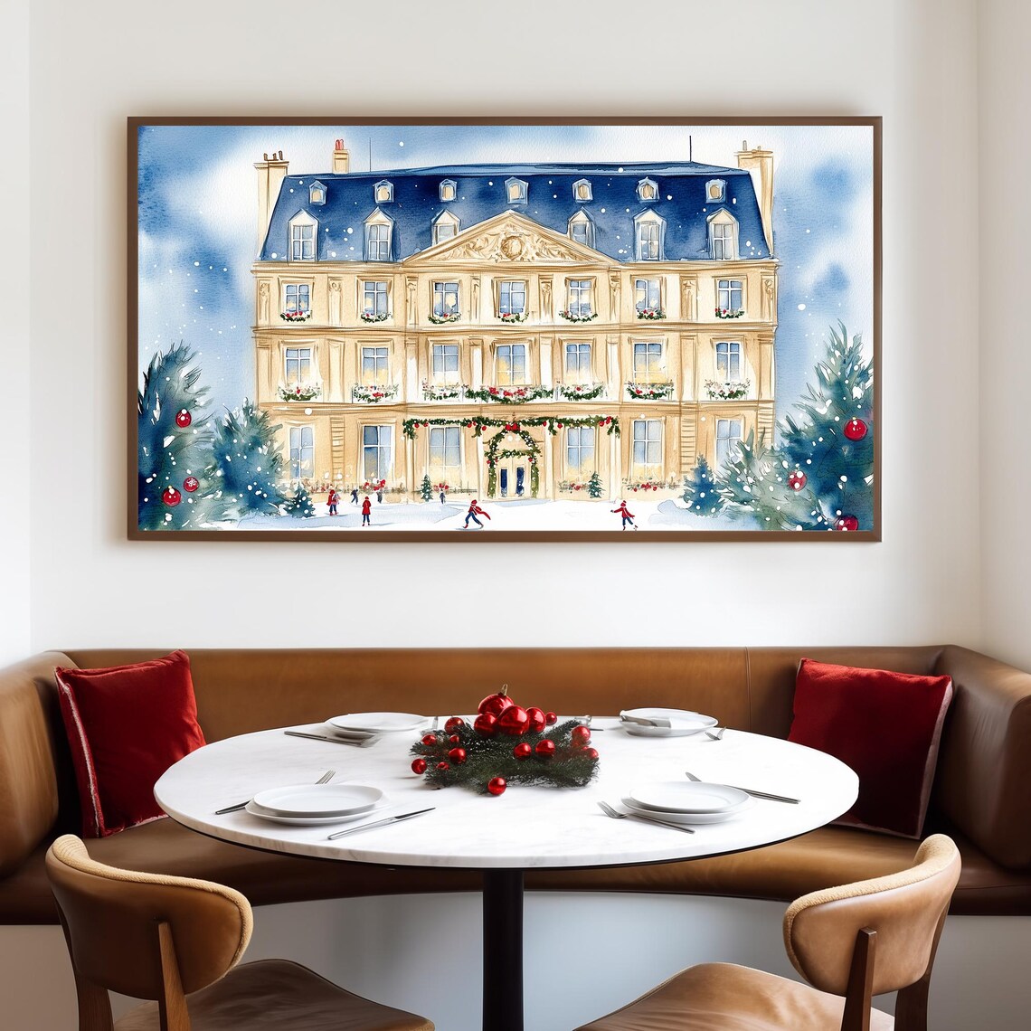 Grand French Chateau in Snow with Ice Skaters Watercolor Poster - Image 4