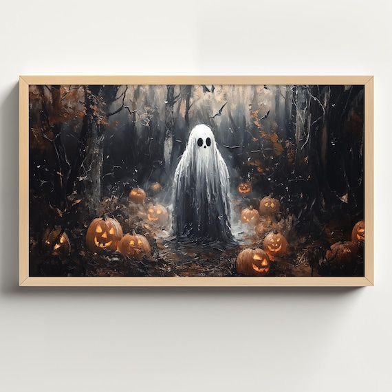 Sheet Ghost Standing in a Dark Forest Surrounded by Pumpkins Poster
