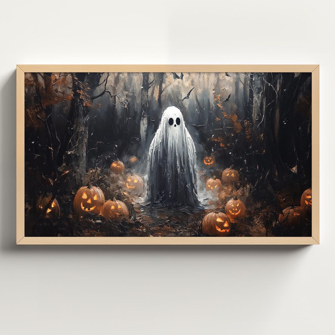 Sheet Ghost Standing in a Dark Forest Surrounded by Pumpkins Poster
