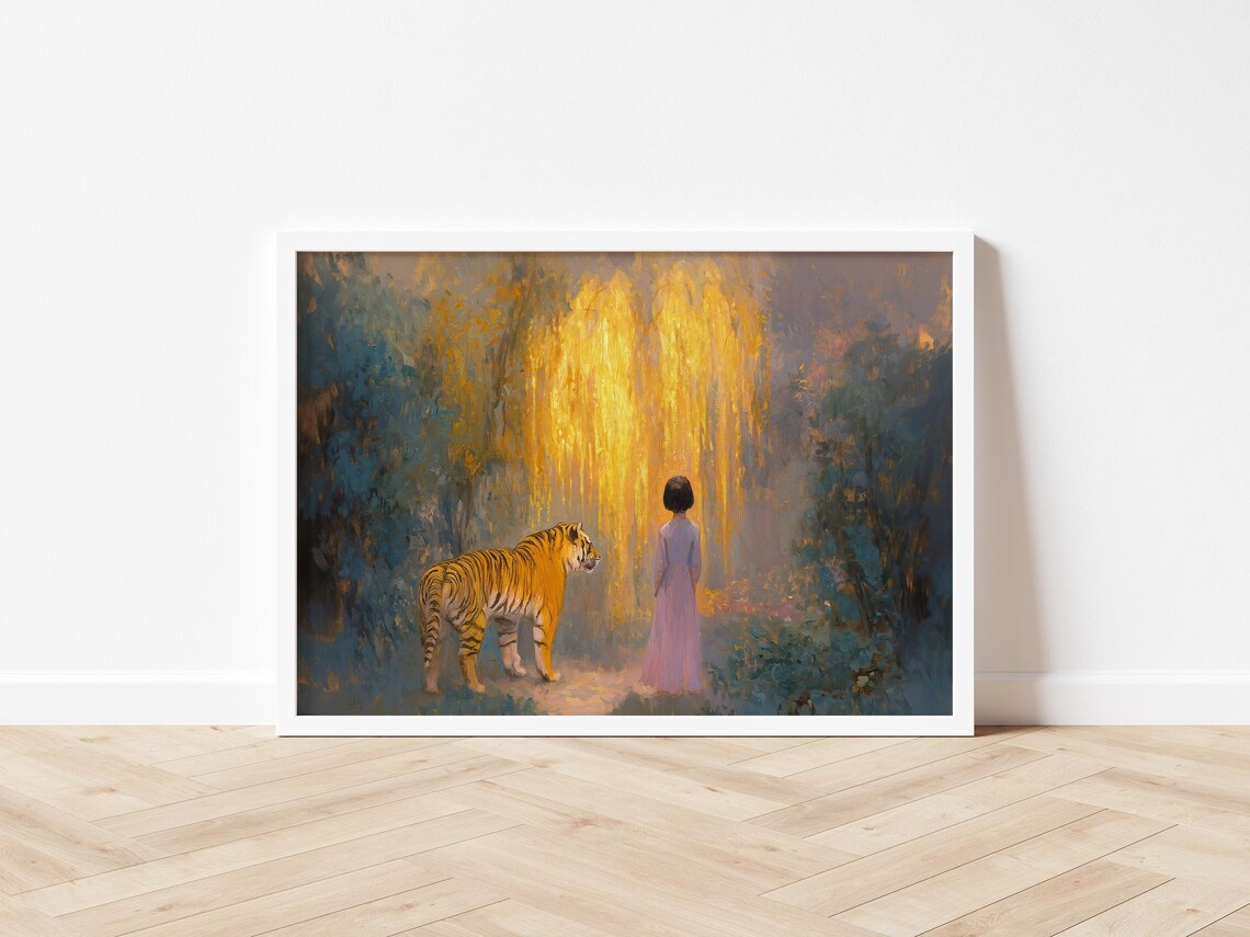 Girl With Tiger Before Golden Waterfall Dreamy Figurative Art Poster - Image 3
