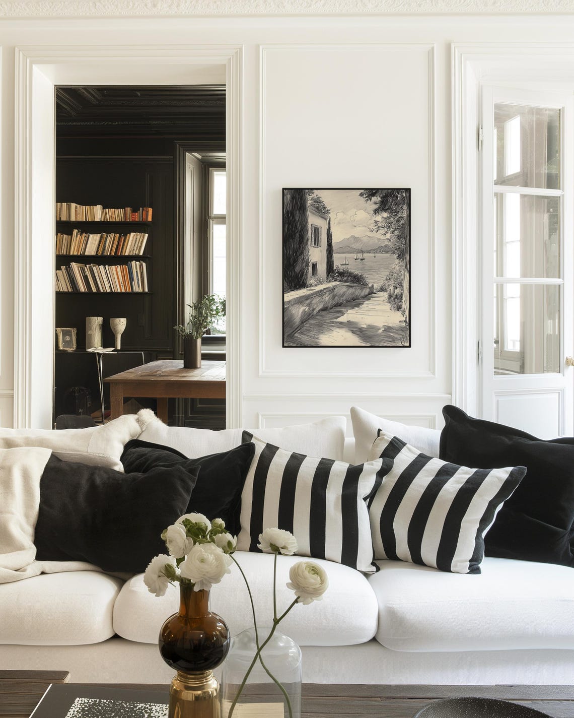 French Coastal Villa Path Sailboats Black White Seascape Sketch Poster - Image 5