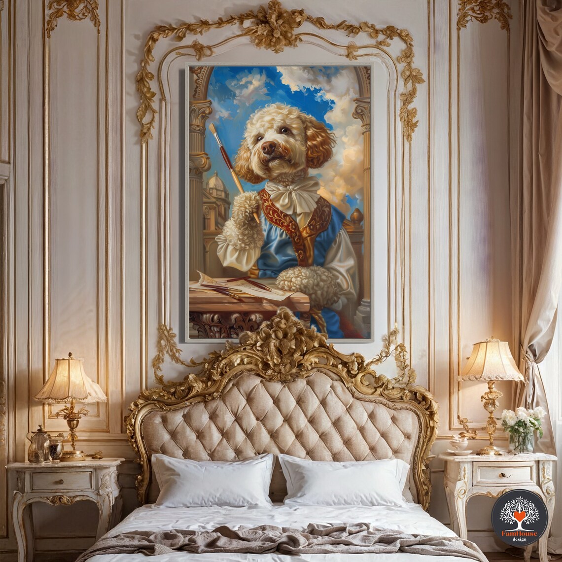 Curly Cream Dog Artist in Blue Baroque Coat Painting Studio Poster - Image 5