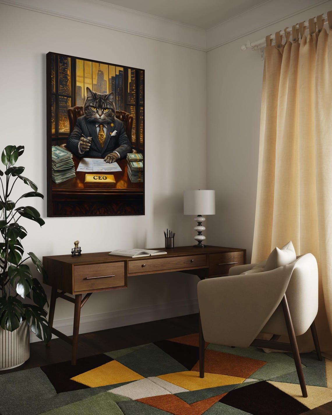 Tabby Cat CEO in Pinstripe Suit with Cash Stacks Office Poster - Image 3