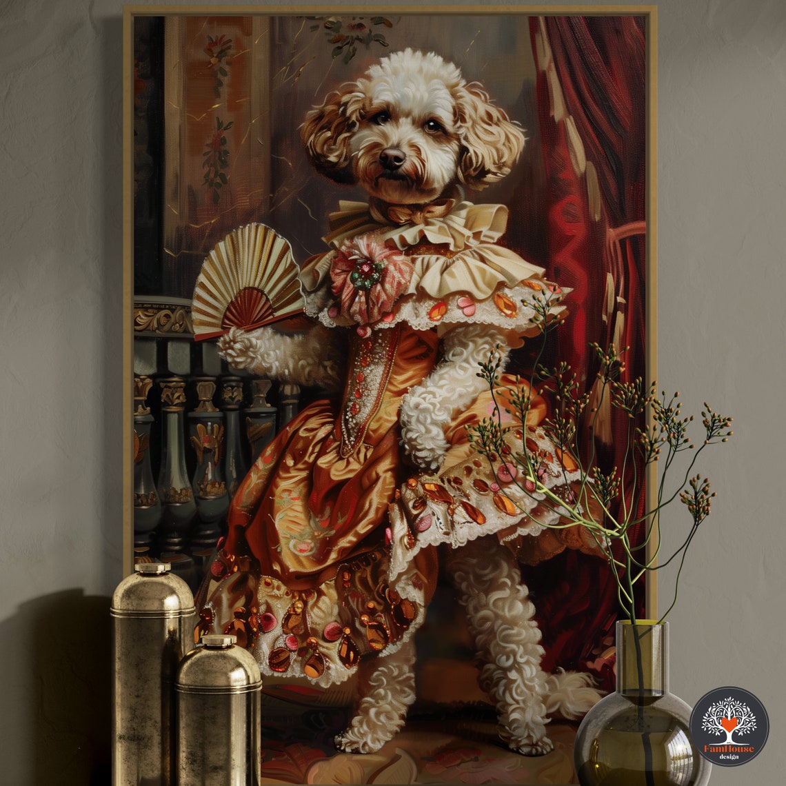 Curly White Dog in Regal Renaissance Gown Holding Fan Portrait Poster - Image 2