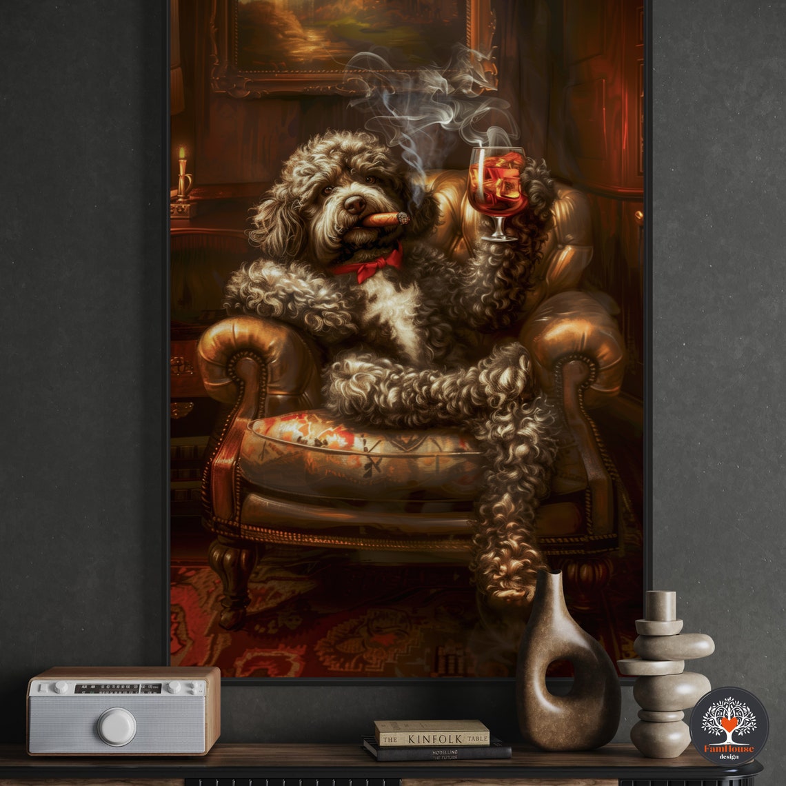Curly Brown Dog Gentleman Lounging with Cigar and Whiskey Poster - Image 2