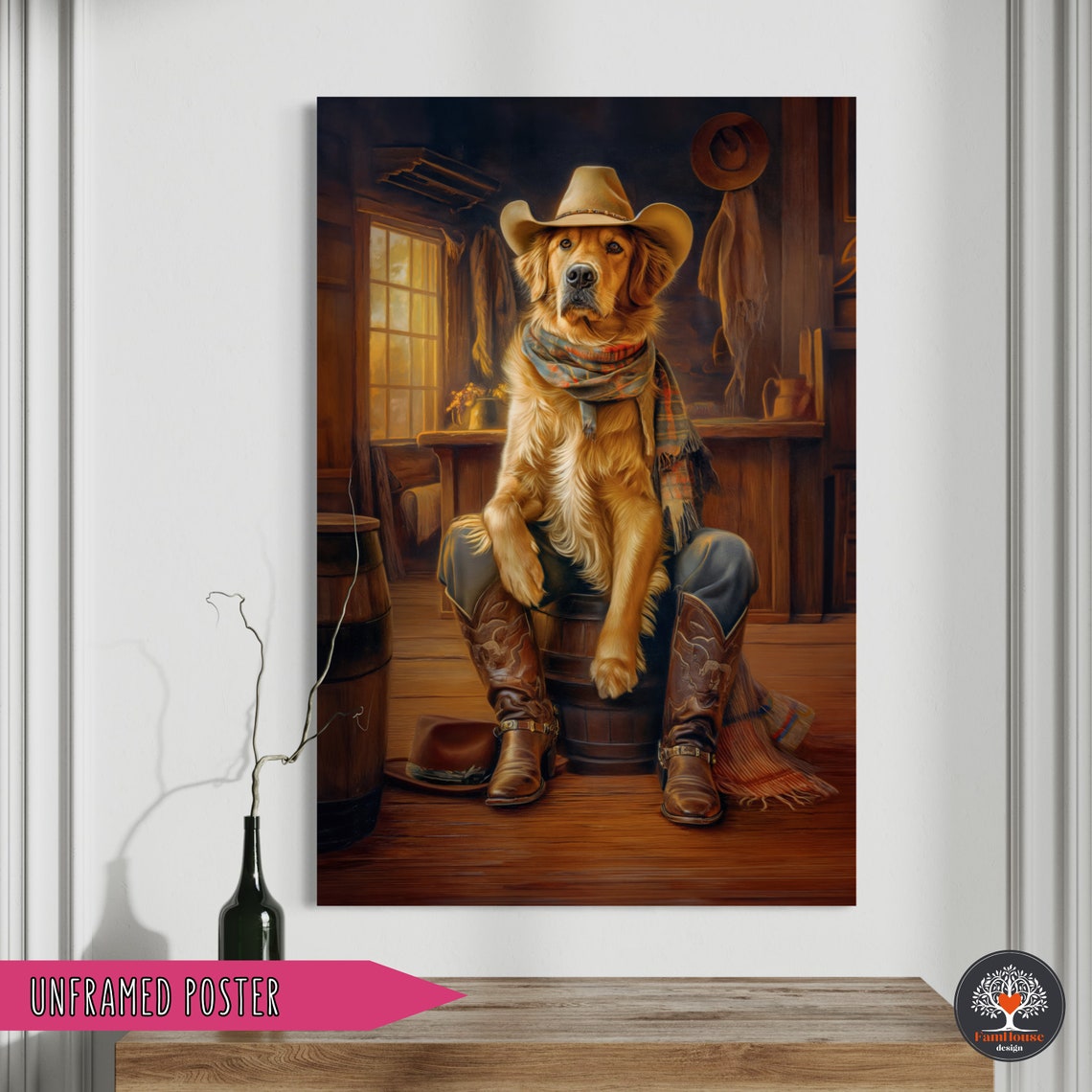 Golden Retriever Cowboy Portrait in Rustic Western Saloon Poster - Image 3