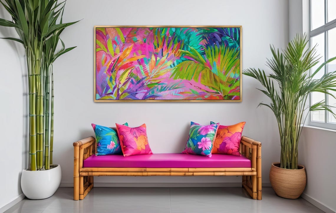 Hand Painted Abstract Acrylic Painting Large Colorful Artwork Wall Art Colorful Rainbow Tropical Jungle Palm Textured Framed Decor - Image 2